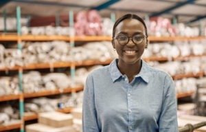 Portrait of a successful young Black woman manager smiling while standing in a large warehouse
