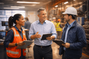 Business leader reviewing workforce plans with industrial supervisors in a warehouse setting.